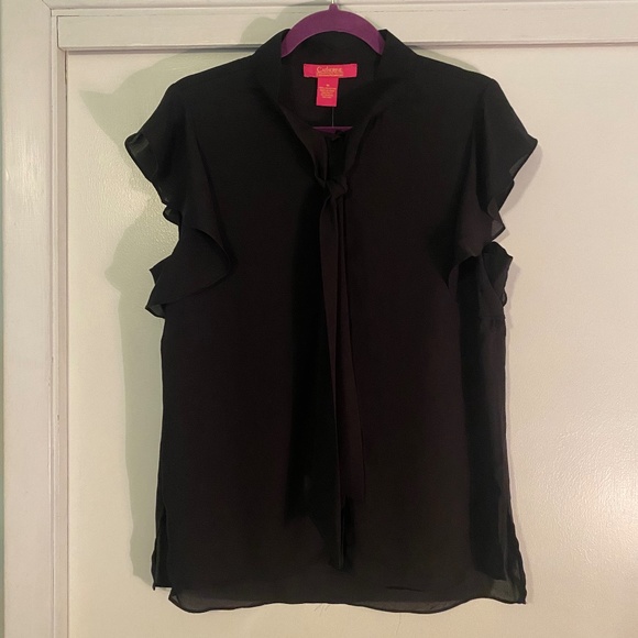 NWT Catherine Malandrino Flutter sleeve tie blouse, Size M, Black - Picture 2 of 7